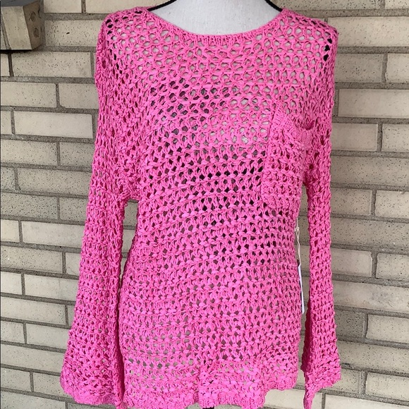 O&O Pink Open Net Long Bell Sleeve Front Pocket Tunic Top NWT - Picture 4 of 13